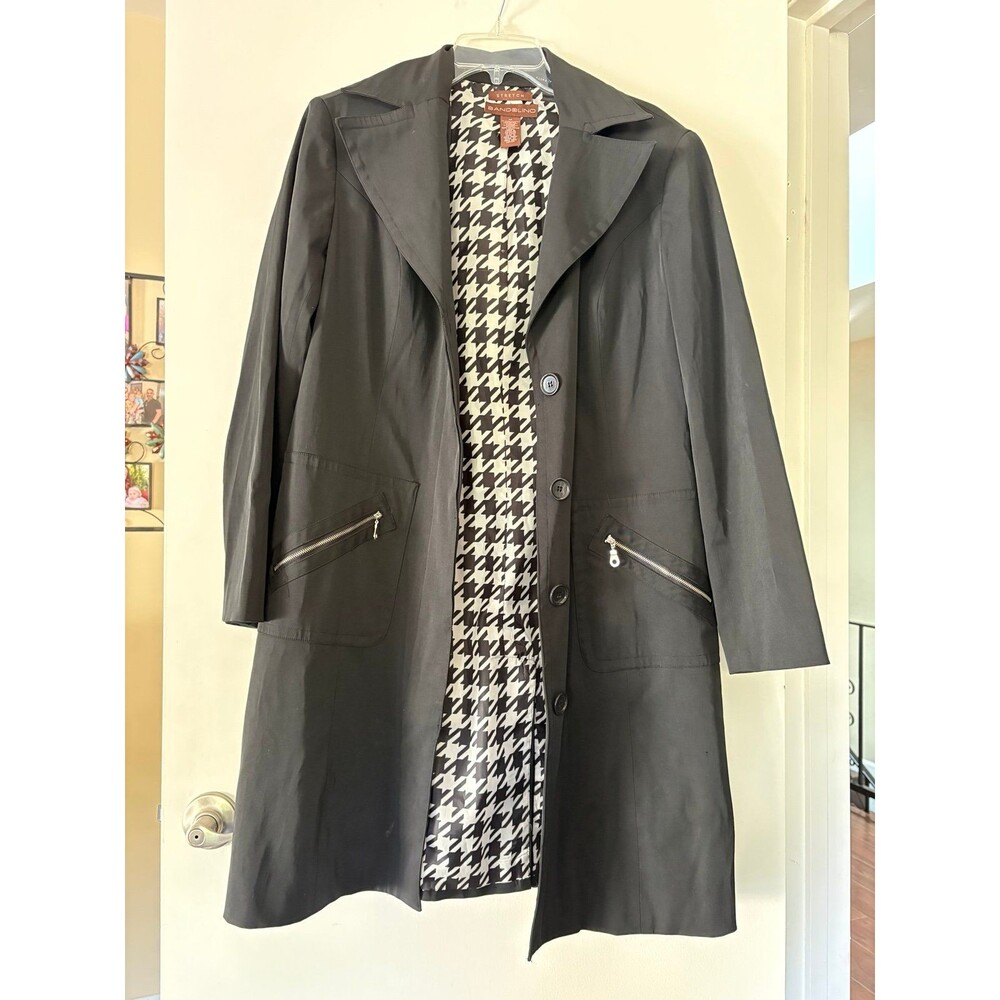 Vtg 90s Bandolino Black Trench Coat Houndstooth Duster M Raincoat Grunge Goth - Picture 2 of 9